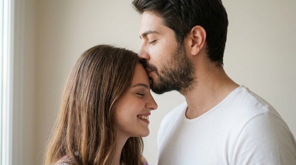 Man kissing his partner on the forehead in soft daylight