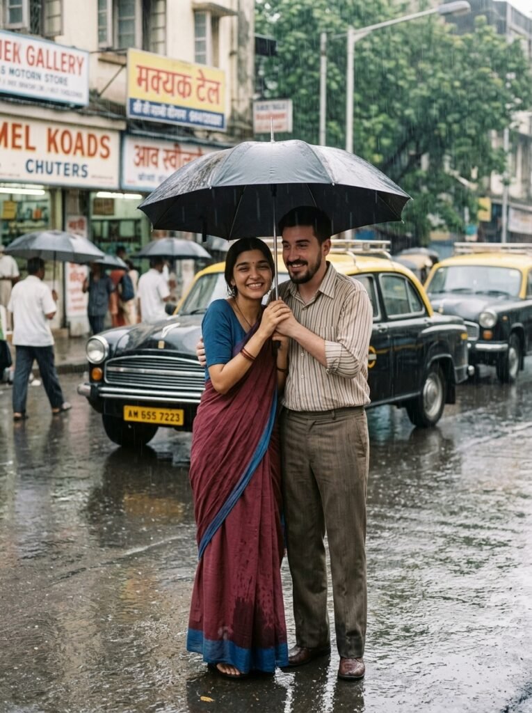 Couple sharing a black umbrella on a rain-soaked 1970s Indian street