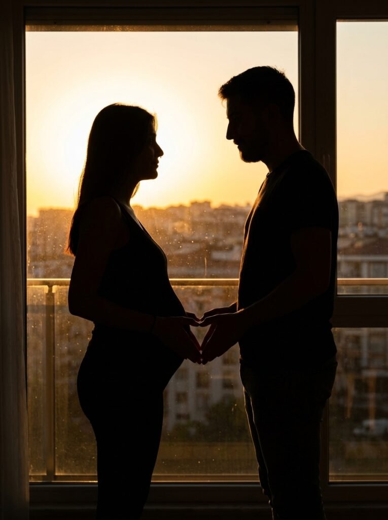 Expecting couple forming a heart over the baby bump in sunset silhouette