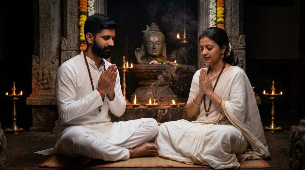 Indian couple wearing white devotional attire seated before a softly lit Shiva idol