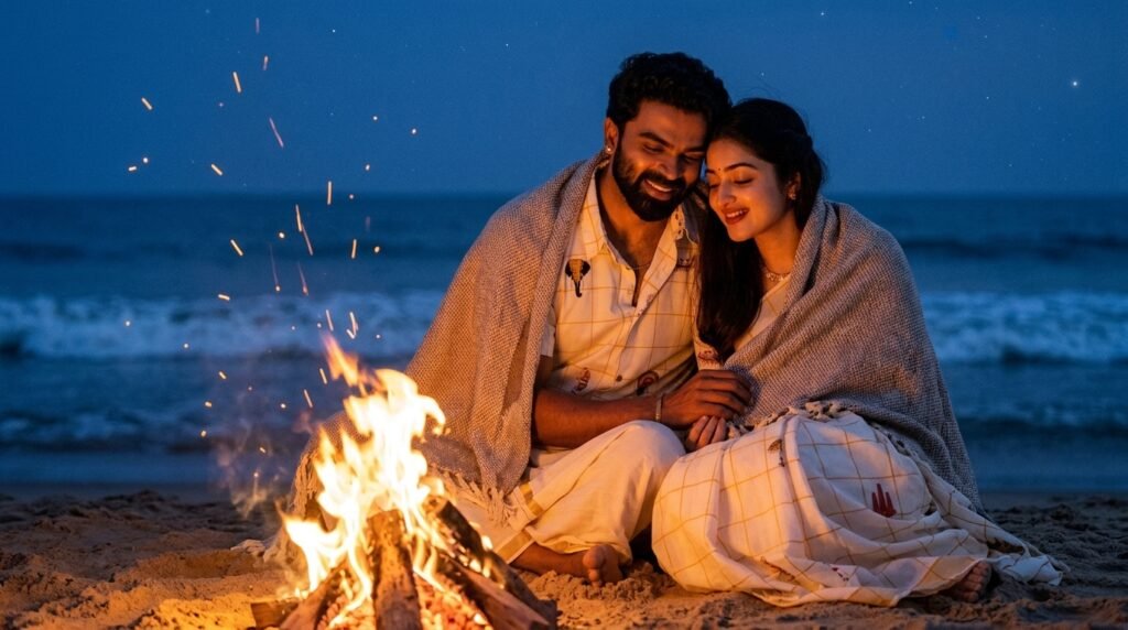 Romantic couple wrapped in a blanket beside a beach bonfire at twilight