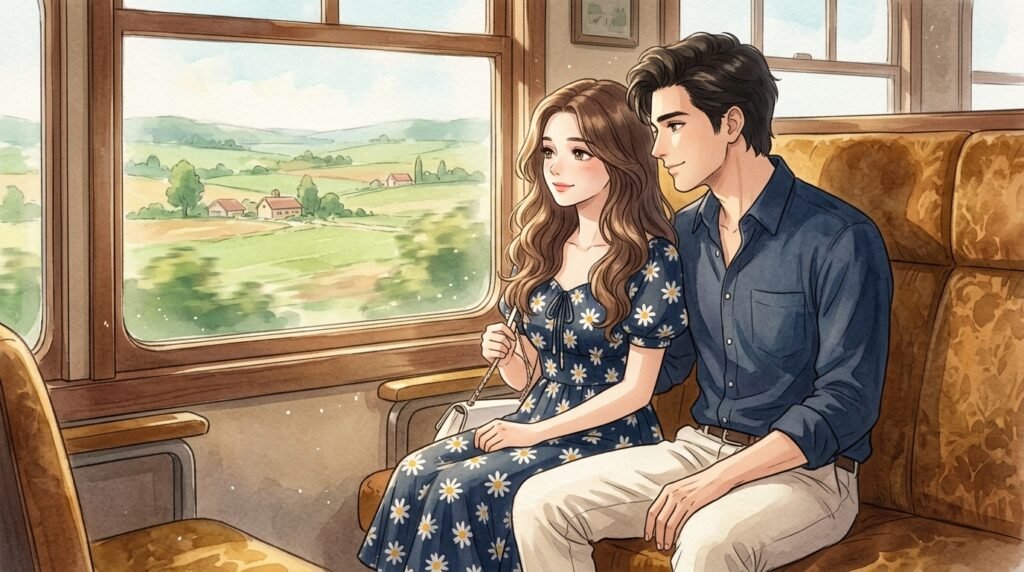 Anime-style couple sitting beside a train window with countryside scenery outside