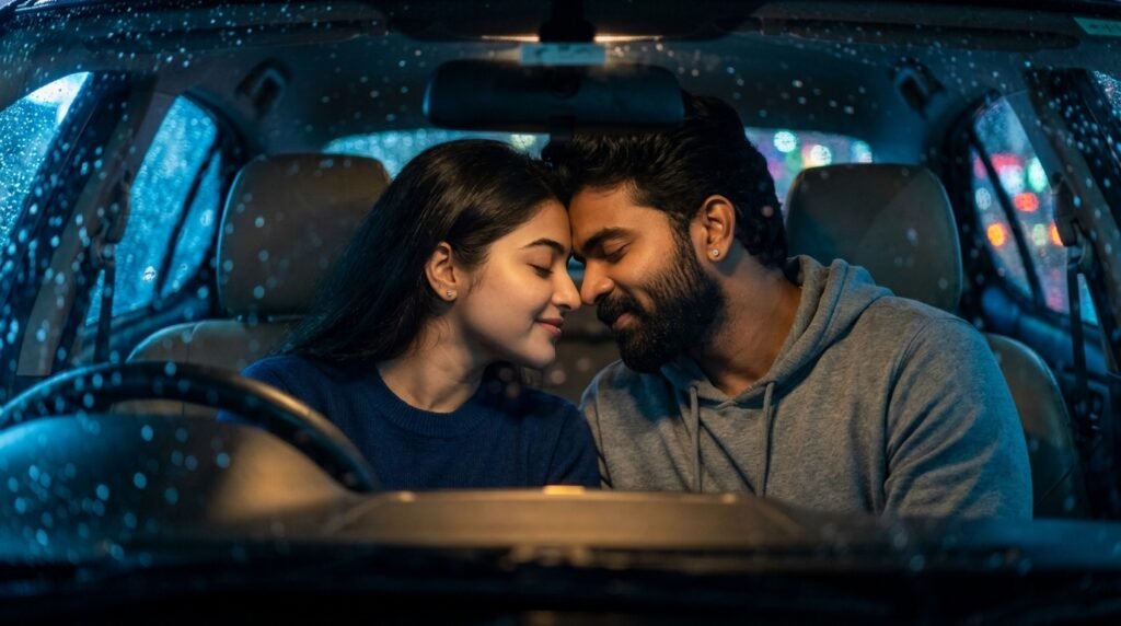 Romantic couple touching foreheads inside a parked car during rain