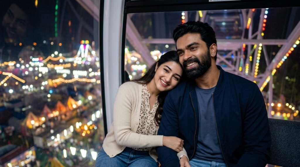 Romantic couple sitting together inside a ferris wheel cabin at night