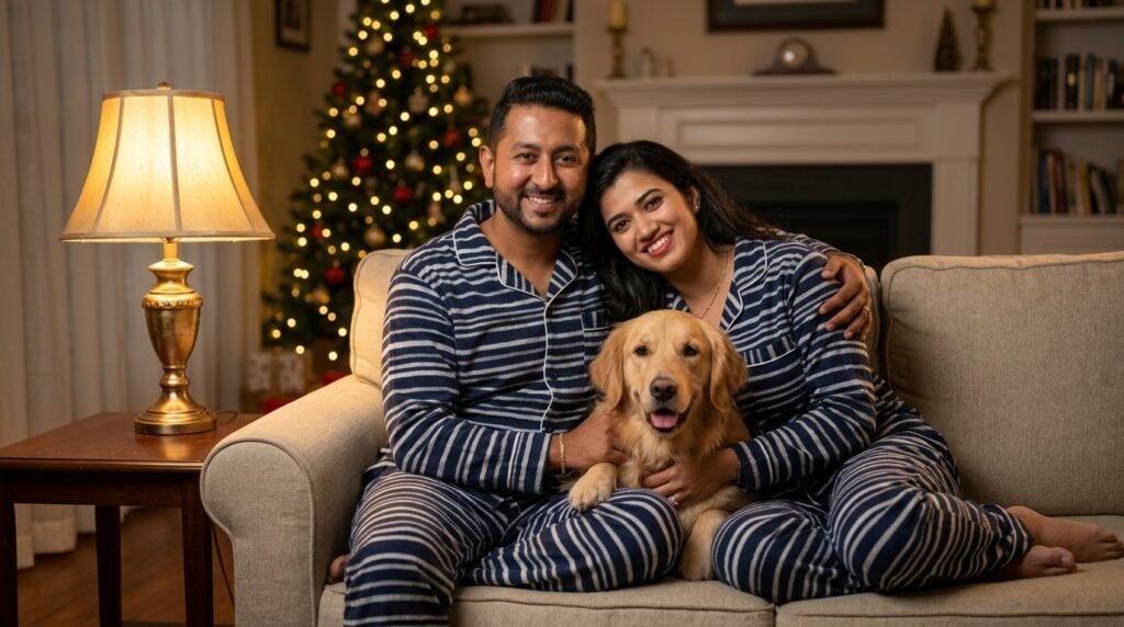 Couple in matching striped pajamas sitting on a couch with their dog in a cozy living room