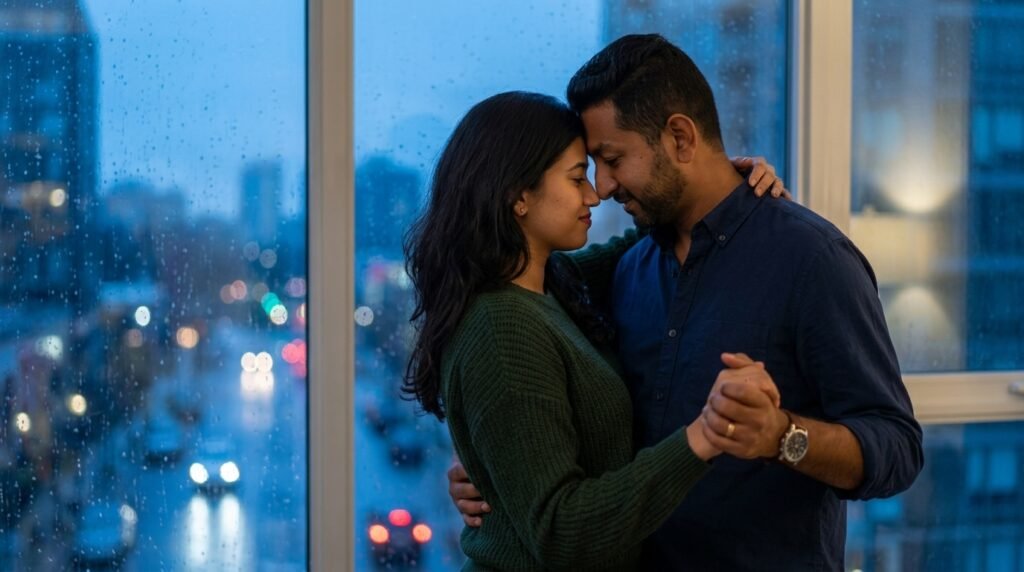 Couple slow dancing close together beside a large rain-streaked window at blue hour