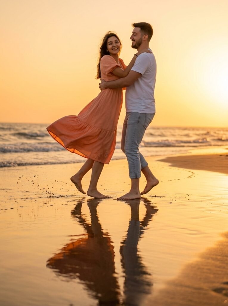 Couple spinning barefoot on a beach at golden hour
