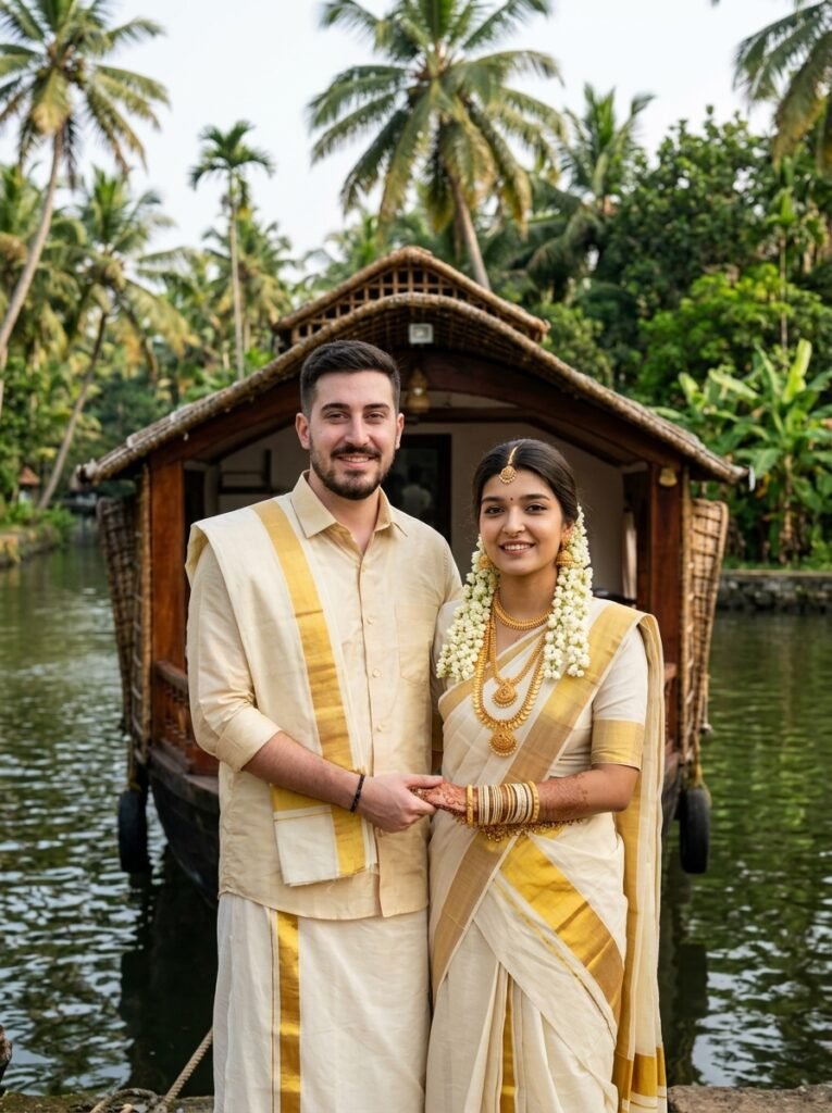 Kerala wedding couple in kasavu saree and mundu beside a houseboat