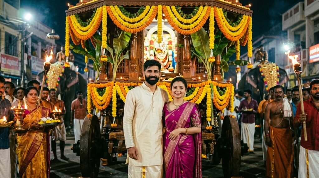Indian couple in traditional clothing standing before a decorated temple chariot