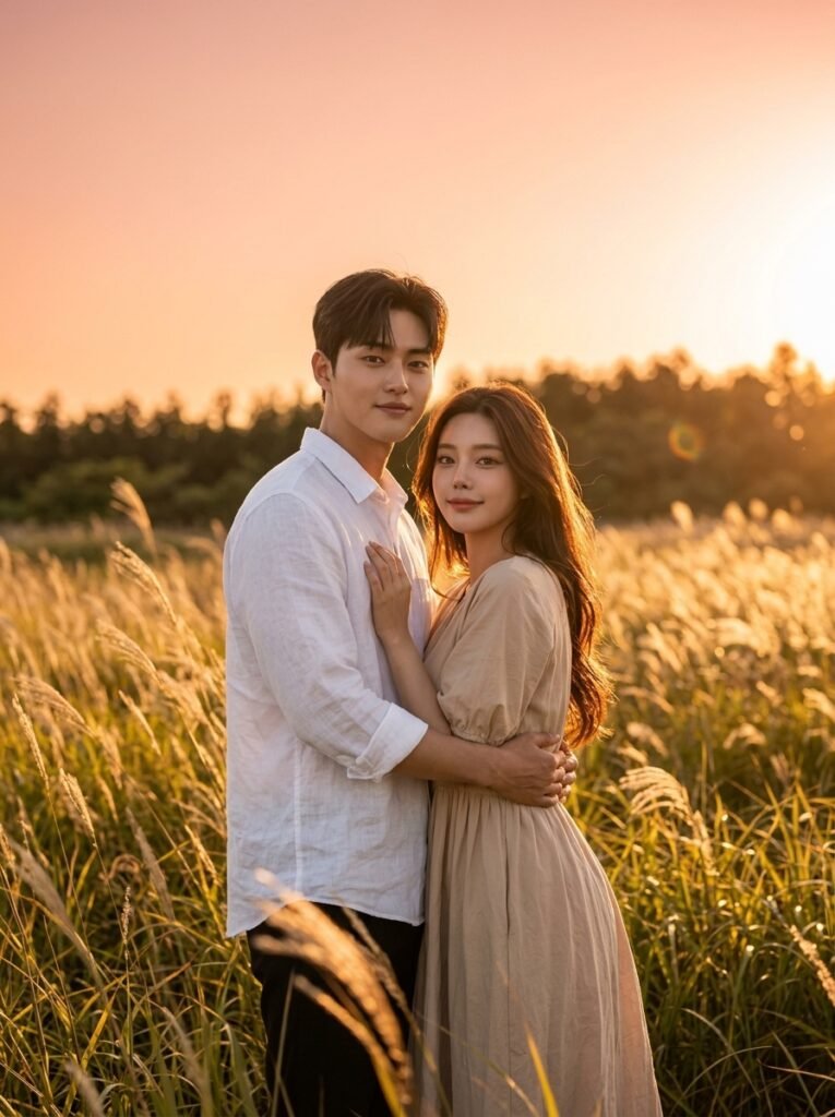 Golden-hour couple portrait standing in tall grass