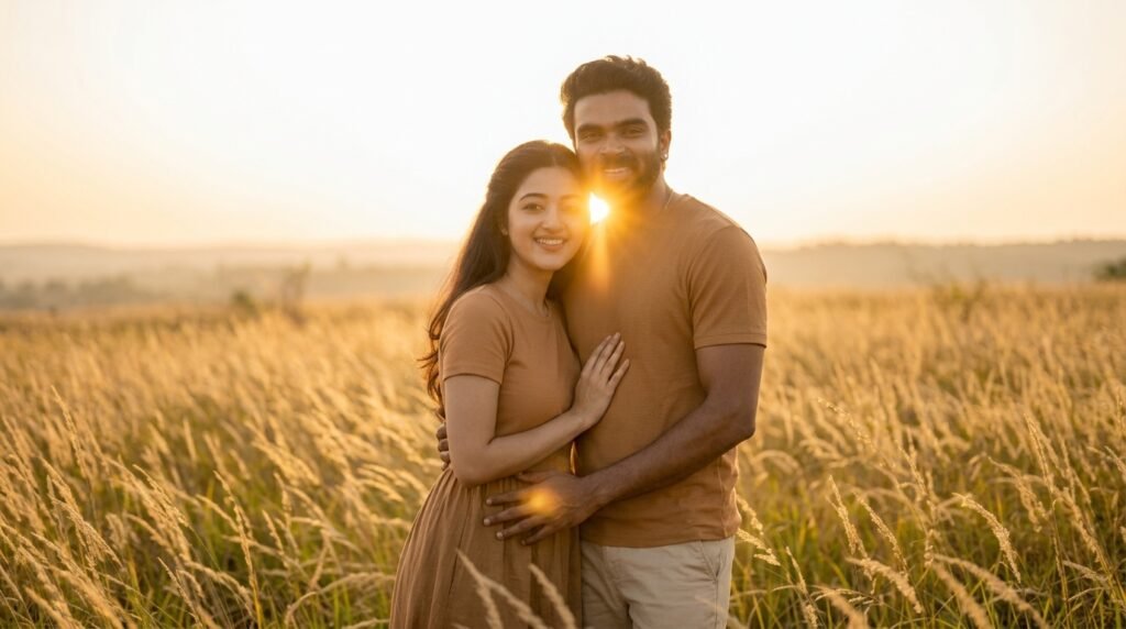 Romantic couple standing in a golden field at sunset for Gemini AI prompt