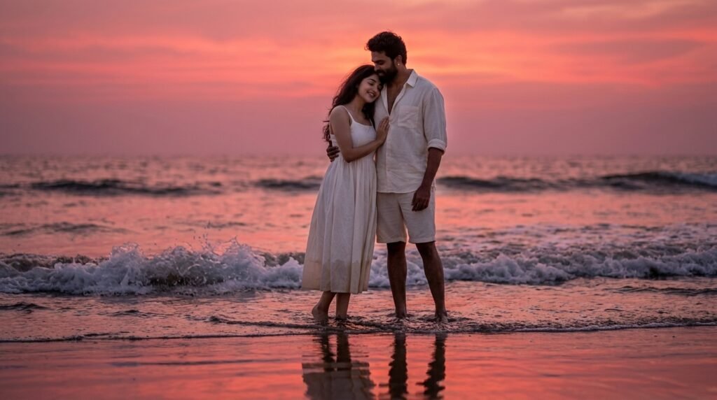 Romantic couple embracing in shallow ocean waves during sunset
