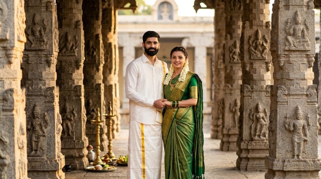 Indian couple in traditional South Indian attire standing in a temple courtyard at sunrise