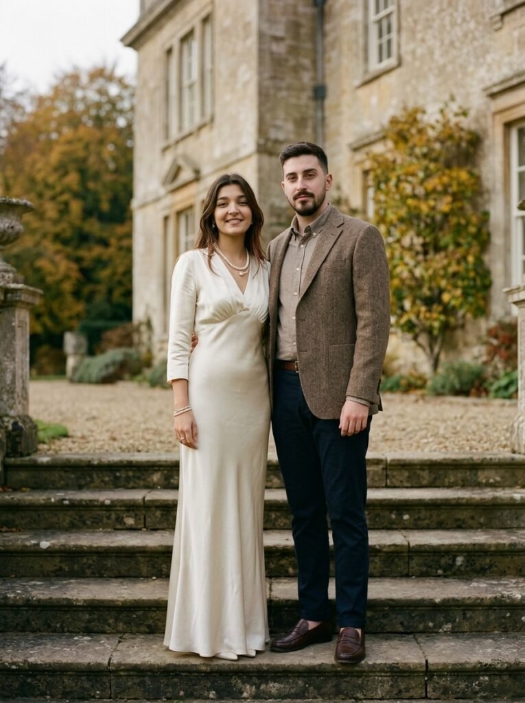 Couple in old-money outfits standing on the steps of a countryside manor