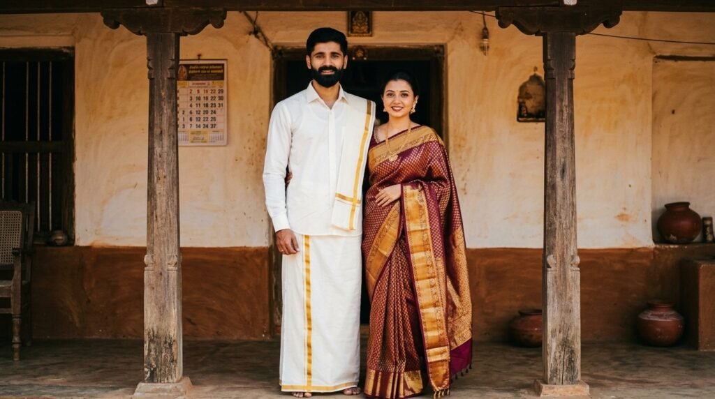 South Indian couple in traditional attire posing on a rustic village house veranda