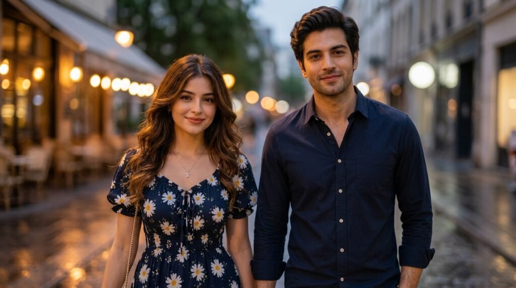 Ultra-realistic couple portrait on a softly blurred city street in warm evening light