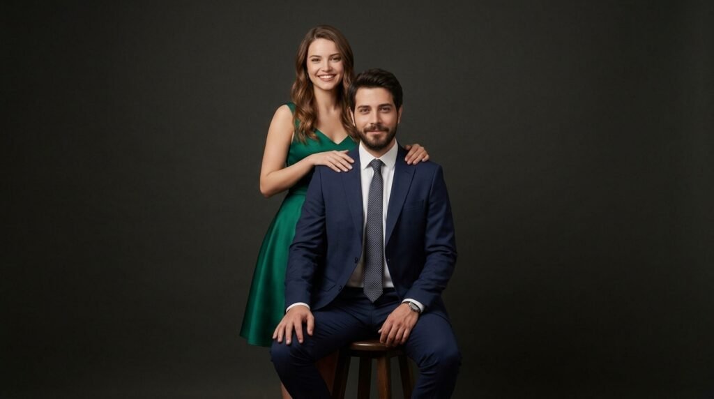Formal couple portrait with the man seated and the woman standing behind him