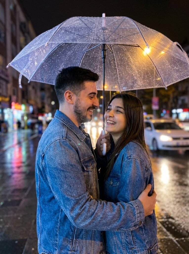 Couple standing under a clear umbrella on a rainy city street at night
