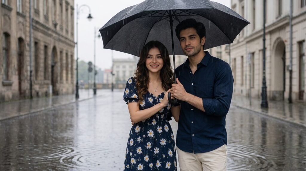 Couple standing beneath one umbrella on a rain-soaked street with wet reflections