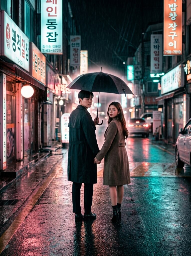 Couple walking under an umbrella on a rainy neon street