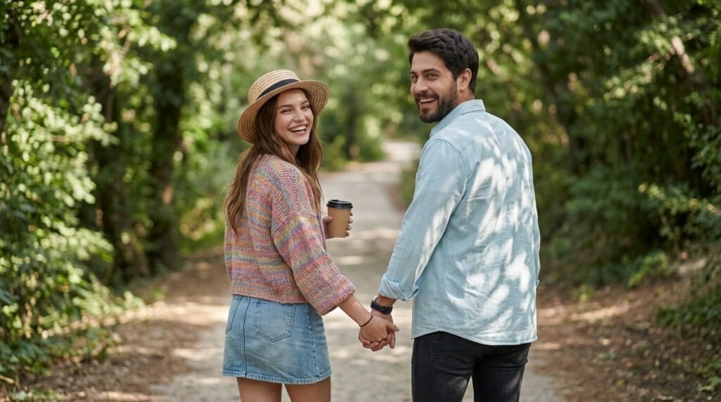 Couple walking hand in hand on a tree-lined path and looking back while laughing