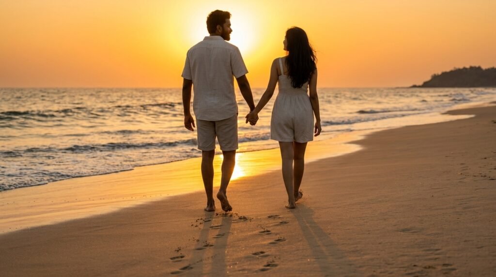 Romantic couple walking hand in hand along the shoreline at sunset