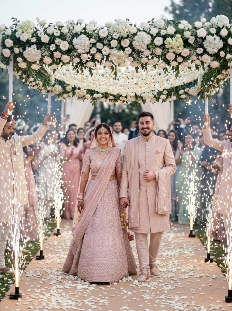 Indian wedding couple walking beneath a white floral chadar with sparklers