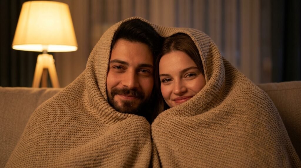 Cozy couple smiling together while wrapped in one blanket on a couch