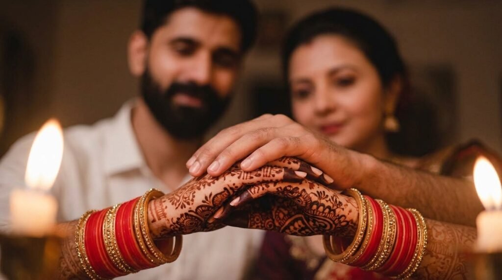 Indian couple holding hands with fresh mehndi and red bangles in soft candlelight