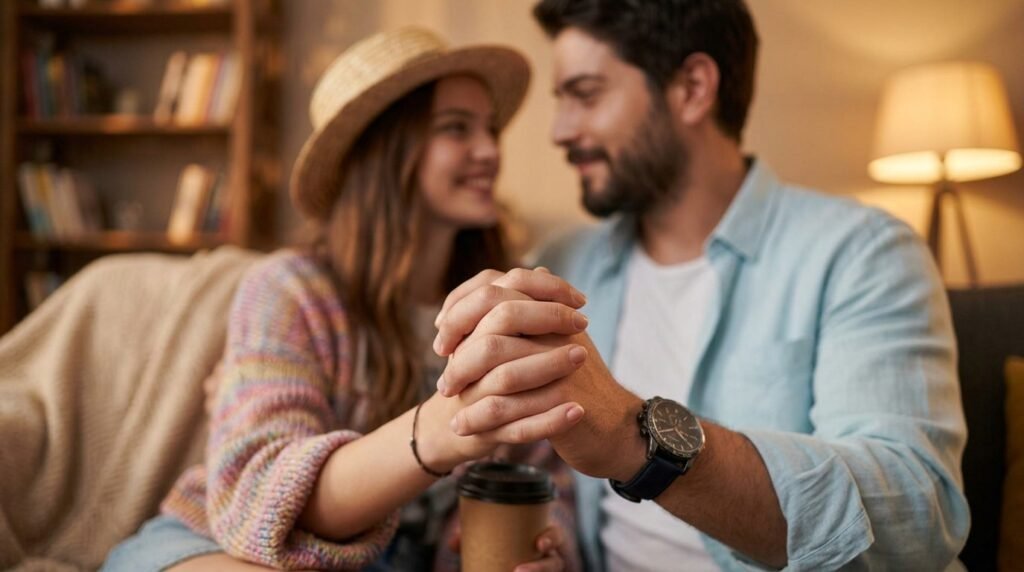 Close-up of a couple's interlocked hands with the couple softly blurred in the background