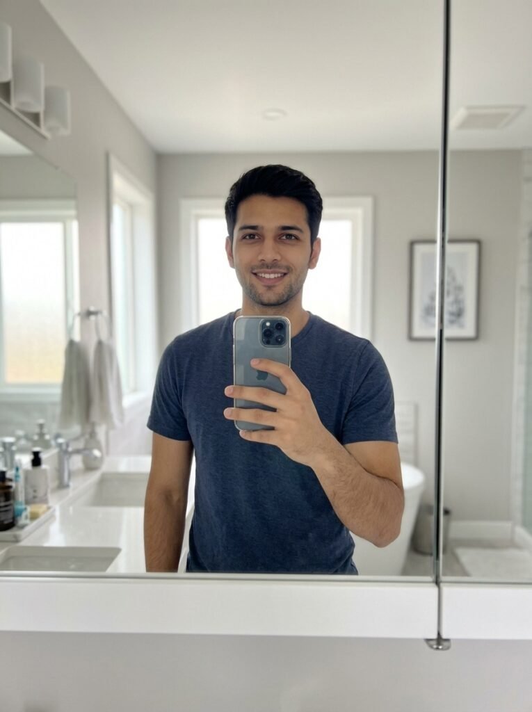 Mirror reflection accuracy prompt example with realistic room depth, clean background, natural pose, soft lighting, balanced colors, and sharp details