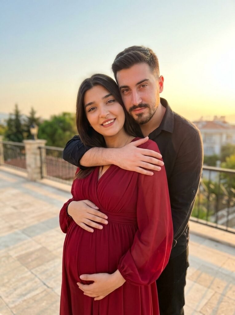 Expecting mother in a flowing red gown embraced by her partner at golden hour