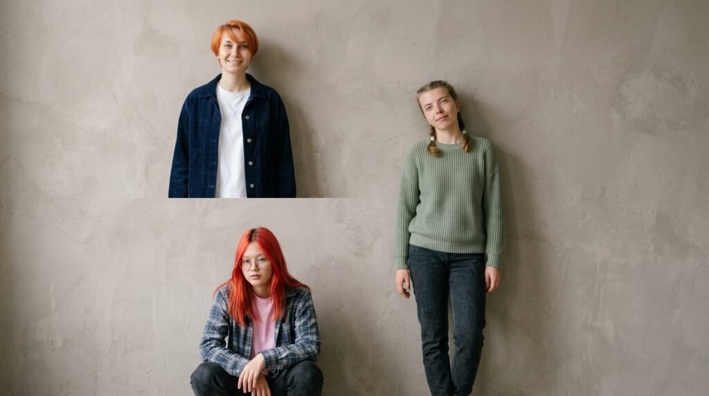 Four friends arranged at different heights in a staggered group portrait