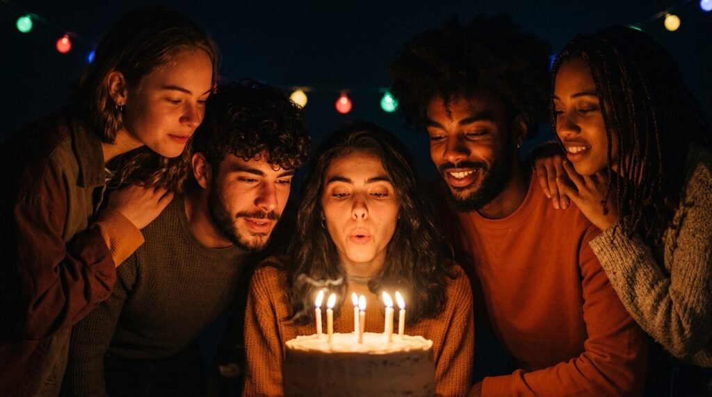 Friends gathered around a birthday cake as one person blows out the candles