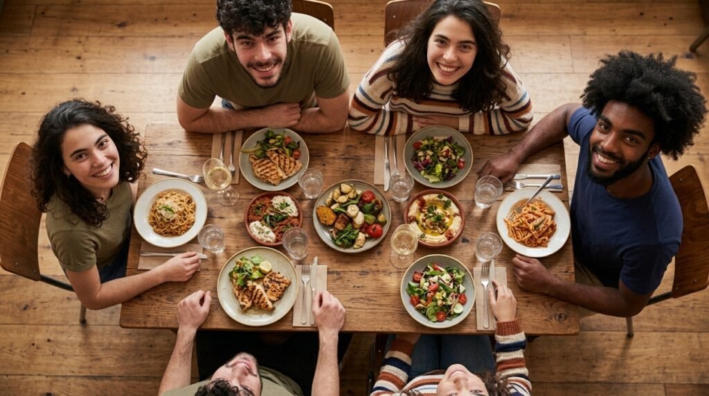 Top-down view of friends gathered around a restaurant table with shared dishes