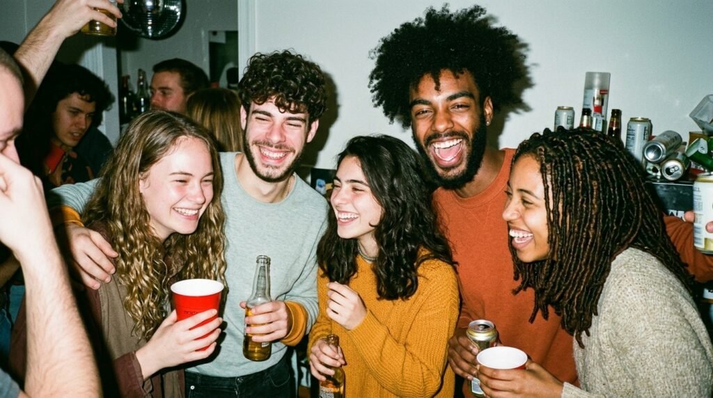 Friends laughing together at a crowded house party photographed with direct flash