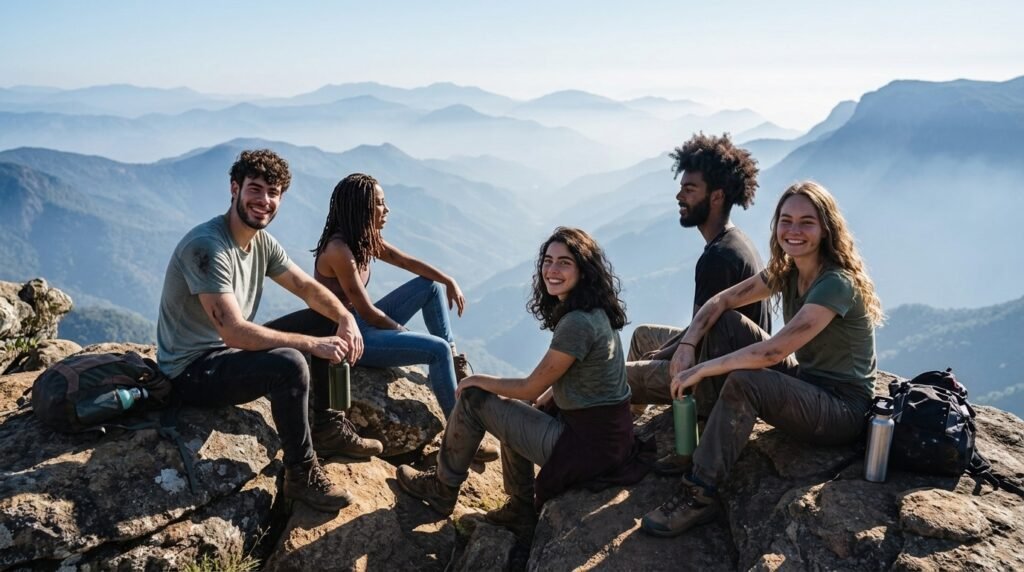 Friends resting at a mountain viewpoint after a trek with backpacks nearby