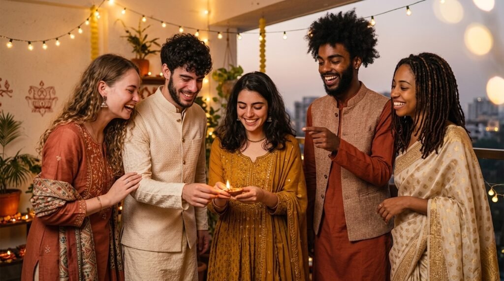 Friends celebrating together in festive Indian clothing under warm string lights