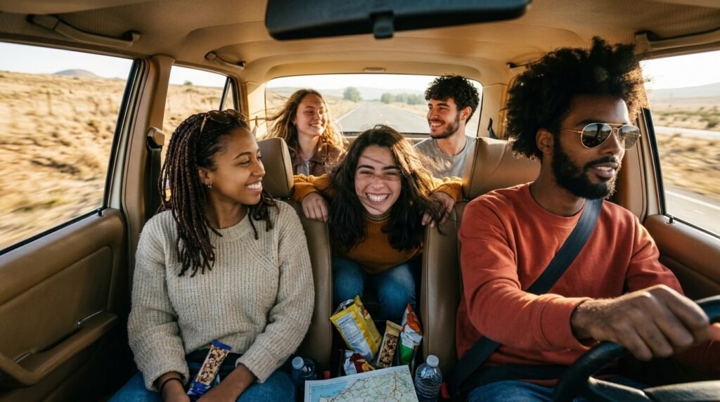 Friends travelling together inside a car during a sunny road trip