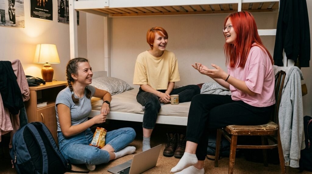 Friends relaxing together in a small hostel room with snacks and a laptop