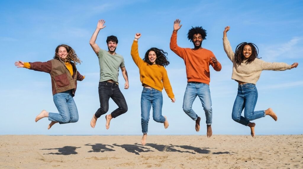 Group of friends jumping together outdoors with clear space between each person