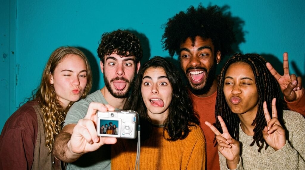 Friends making playful faces and peace signs in an early-2000s digital camera style