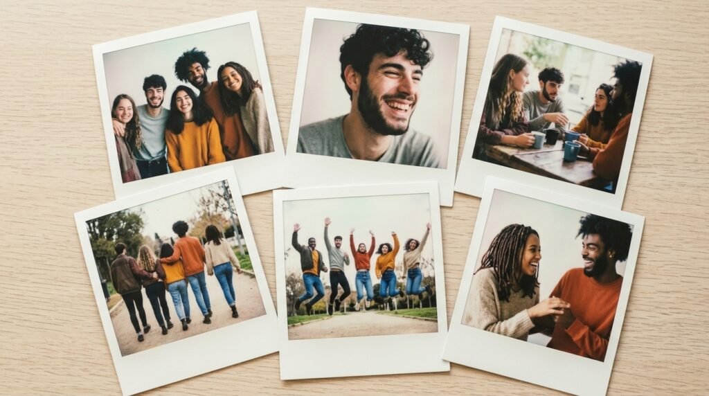 Flat lay of six polaroid-style prints showing a group of friends in different moments