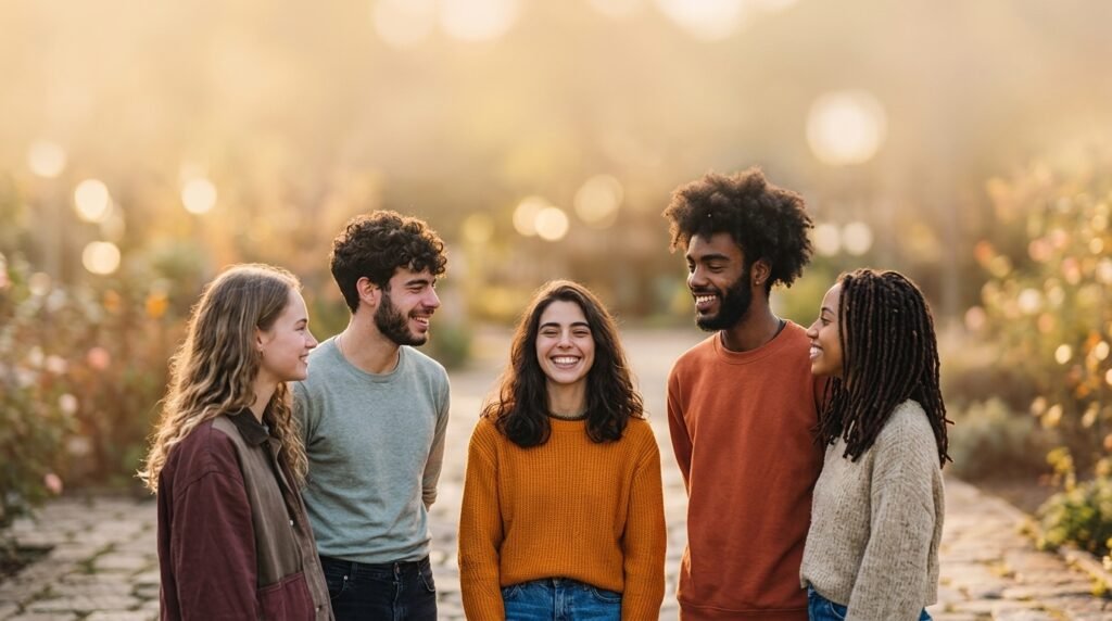 Vertical Friendship Day story layout with a group of friends in the lower part of the frame