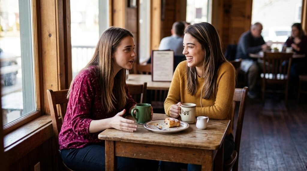 Two friends sharing a candid conversation across a cafe table