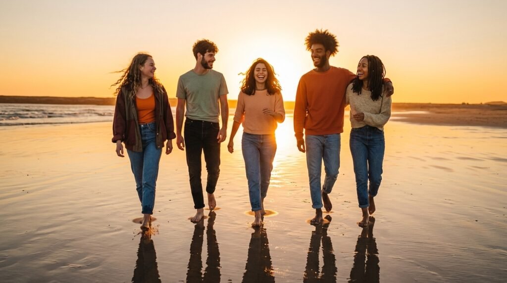 Friends walking together on wet sand during a warm beach sunset