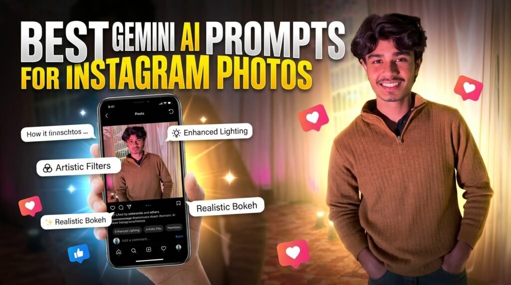 Best Gemini AI prompts for Instagram photos guide showing realistic AI photo prompt ideas for profile photos, reels covers, outfit posts, and image quality fixes