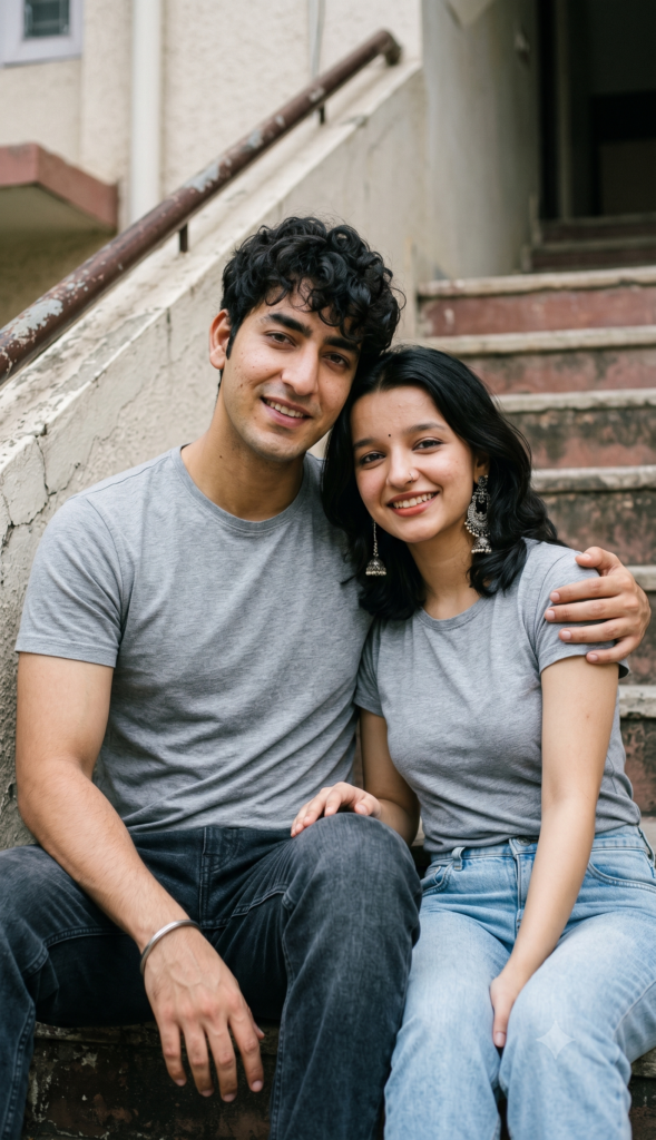 Realistic couple sitting on apartment steps in casual clothes with overcast daylight and natural skin texture