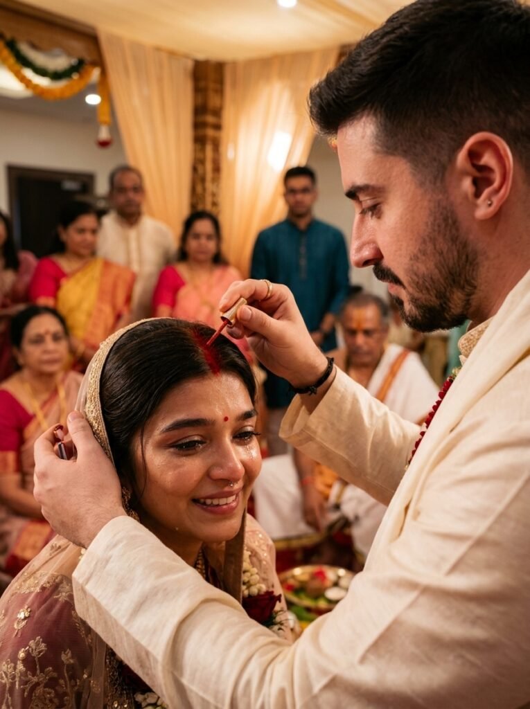 Groom applying sindoor to the bride during an intimate Indian wedding ceremony