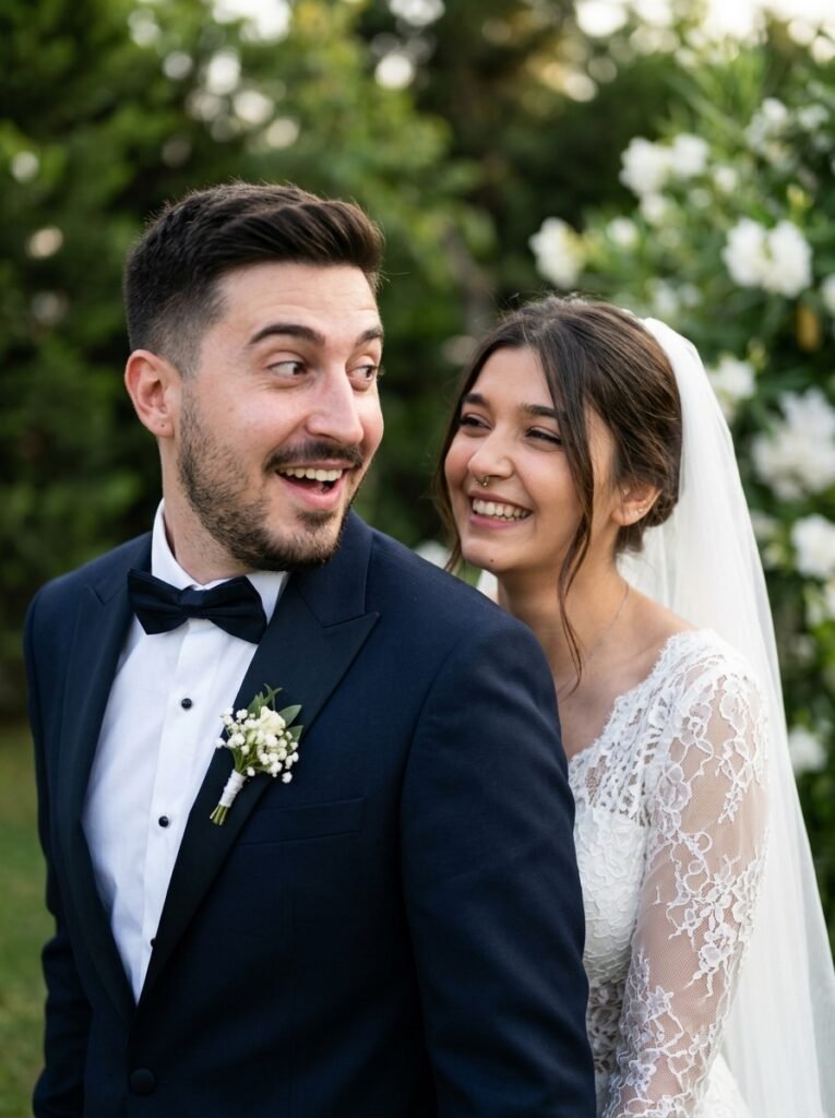Groom seeing the bride for the first time at a garden wedding